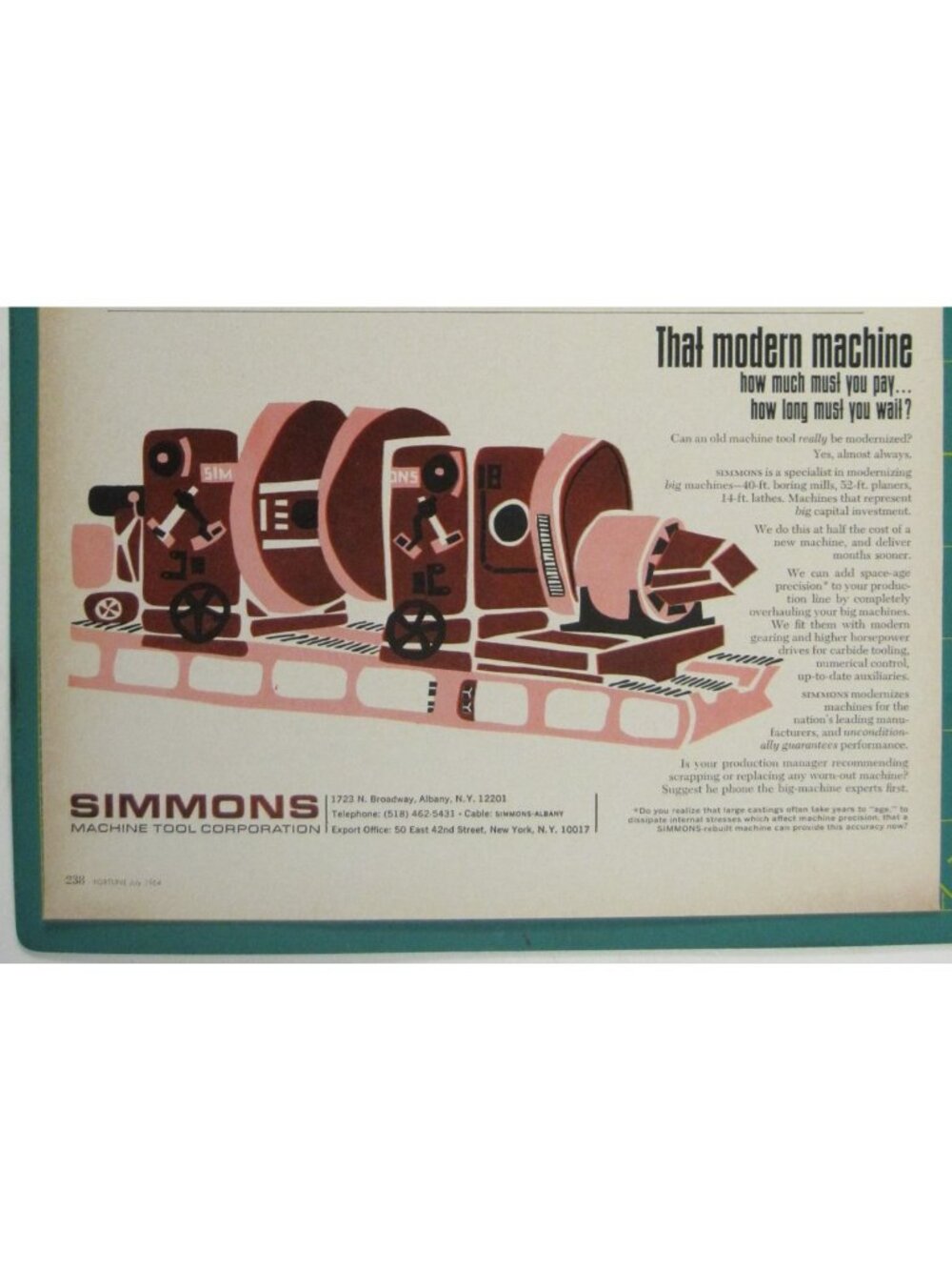 Print Ad Simmons Machine Tool Corp 1964 Industrial Modernization Machines USA